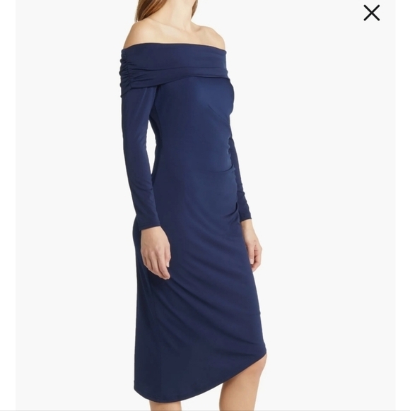 Sam Edelman Dresses & Skirts - Sam Edelman Off the Shoulder Long Sleeve Midi Body-Con Dress Women's Size 6 Navy